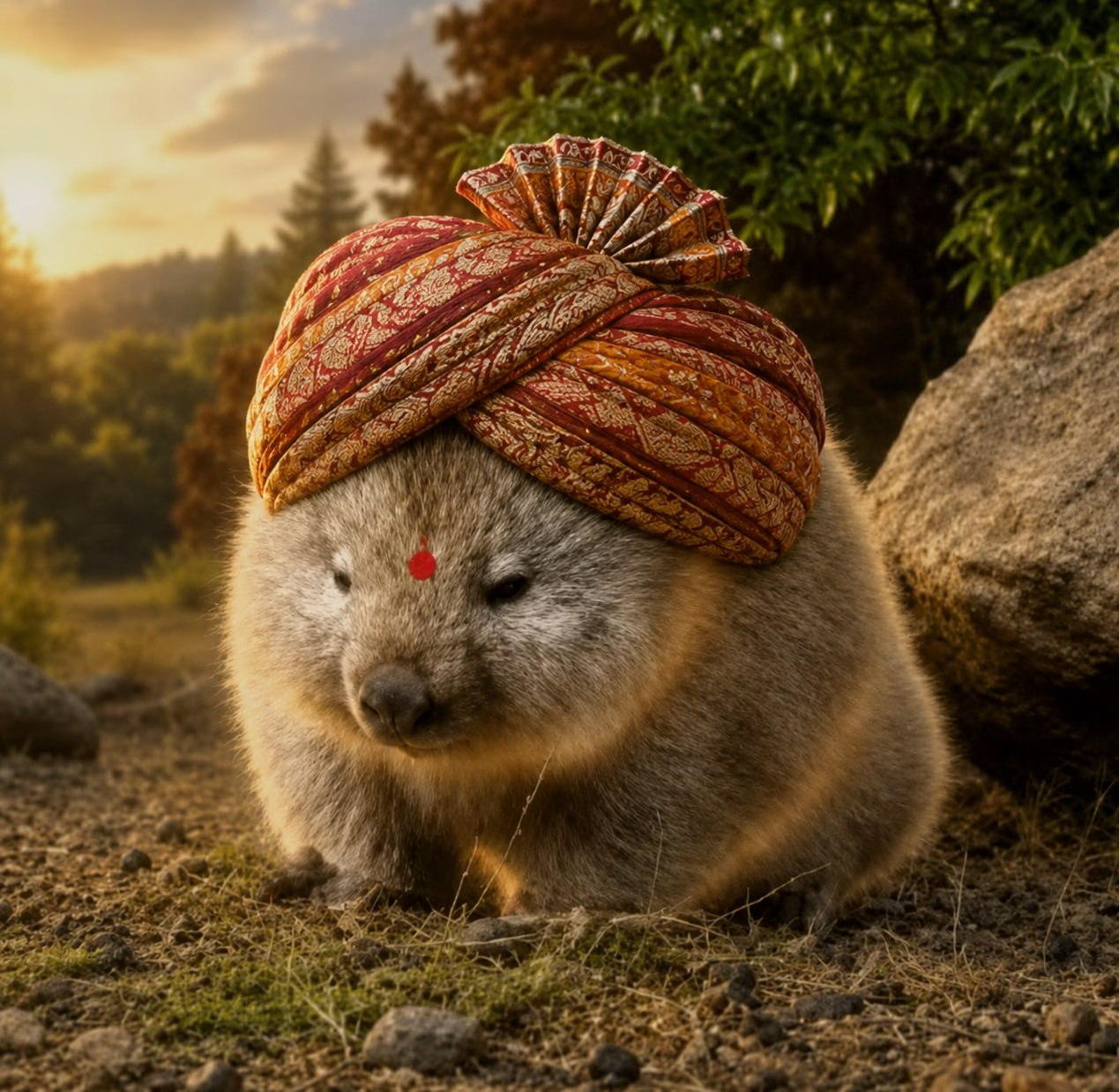 Cundusikus, the biggest fluffy bunny on Solana wearing a royal turban, glowing in golden sunset light